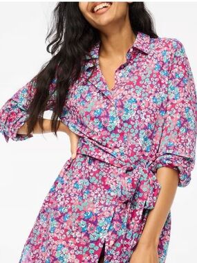 J. Crew Pink Floral Midi Shirt Dress or swim cover up w Blue Accents sz S